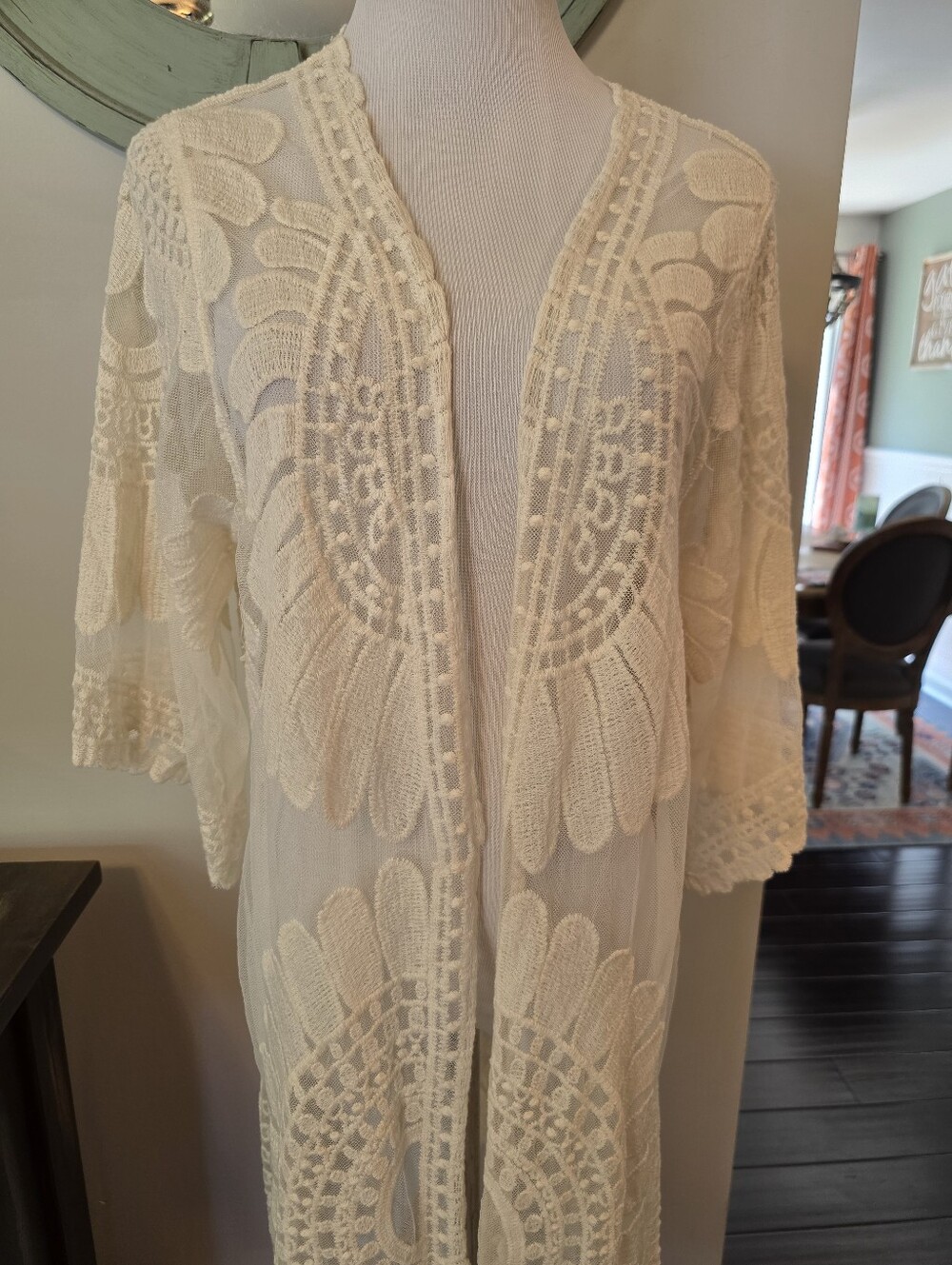 Rebellion Again Size Small Fully Open Ivory Embroidered Lace Kimono Duster Beach - Picture 3 of 8